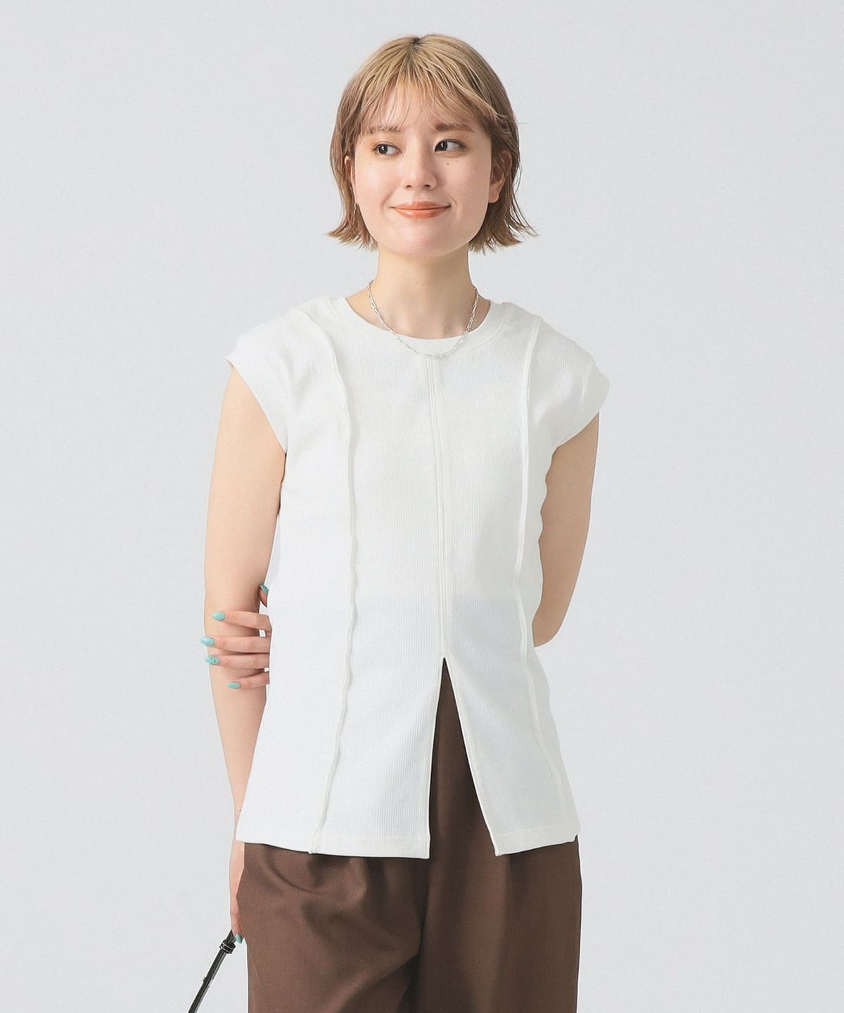 リブ フロント スリット ノースリーブ カットソー Tシャツ・カットソー WOMEN WHITE ONE SIZE リブ フロント スリット ノースリーブ カットソー Tシャツ・カットソー WOMEN WHITE ONE SIZE