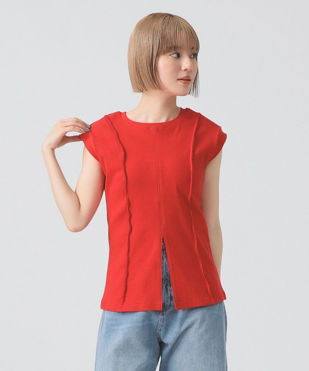 リブ フロント スリット ノースリーブ カットソー Tシャツ・カットソー WOMEN RED ONE SIZE リブ フロント スリット ノースリーブ カットソー Tシャツ・カットソー WOMEN RED ONE SIZE