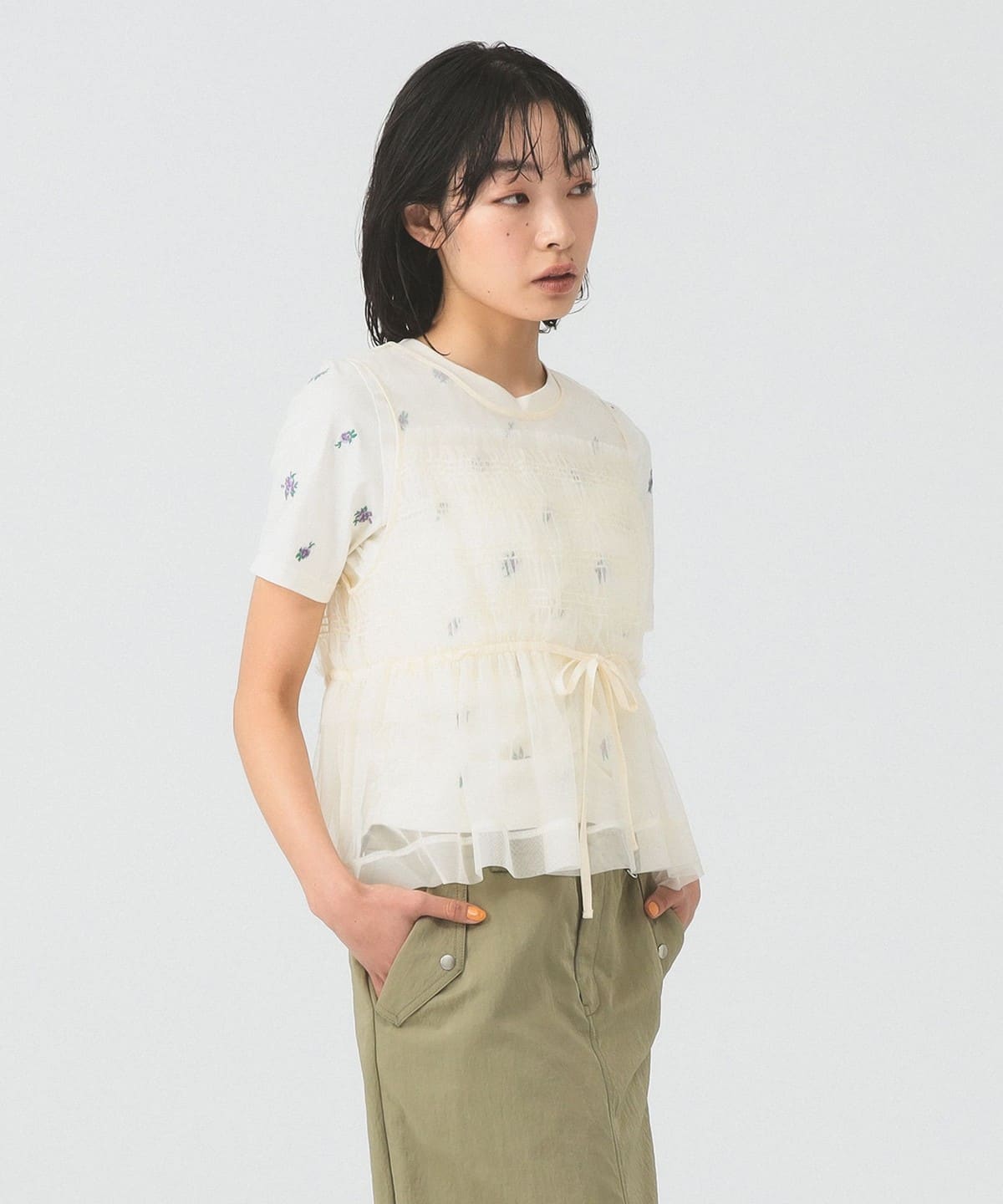 RAY BEAMS チュールトップス♡ Ray BEAMS（レイ ビームス）チュール シャーリング ノースリーブ
