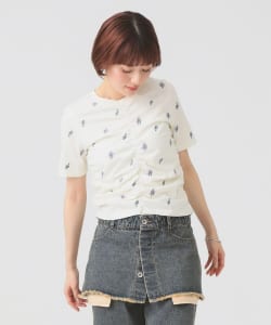 フラワー 刺繍 シャーリング Tシャツ