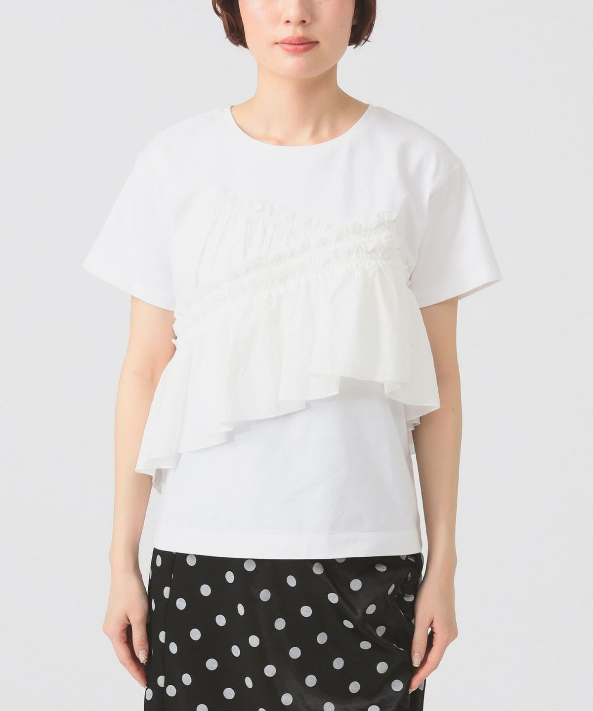 BEAMS JAPANオリジナル/ホワイト フリル 半袖トップス Ray BEAMS（レイ ビームス）アシメ ギャザー フリル Tシャツ（Tシャツ