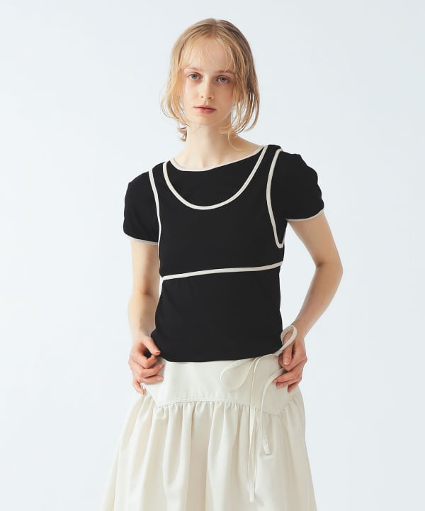 Piping Tank Top Layer T-Shirt Model: H172 B73 W57 H88 Size: ONE SIZE