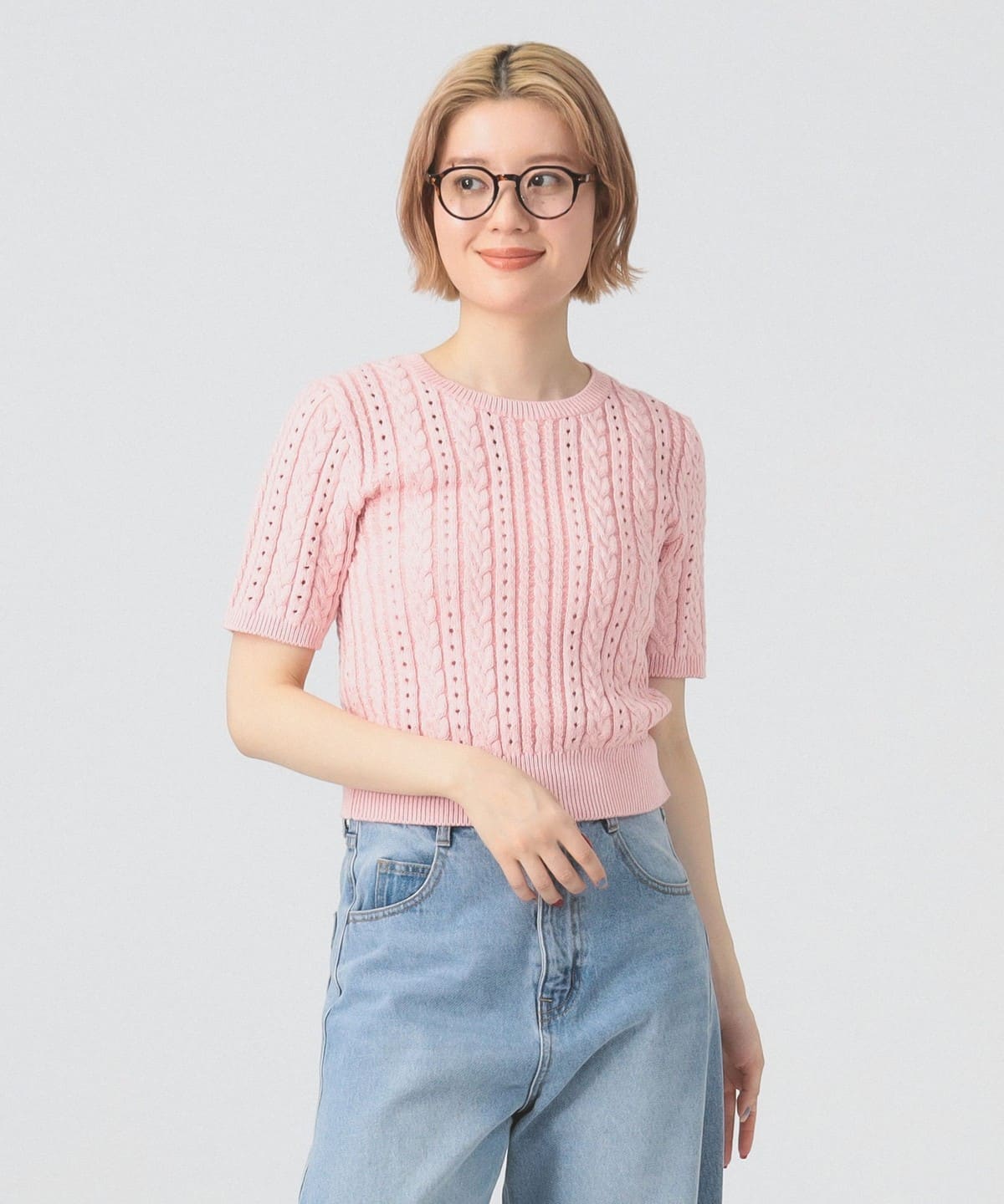 ケーブル クルーネック ニット トップス WOMEN PINK ONE SIZE ケーブル クルーネック ニット トップス WOMEN PINK ONE SIZE