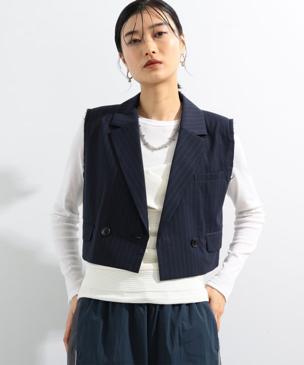 Ray BEAMS Striped Cropped Gilet (Tops Ray BEAMS) Available at BEAMS