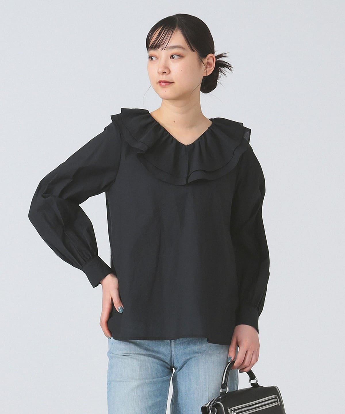 ラッフル ダブルカラー ブラウス シャツ・ブラウス WOMEN BLACK ONE SIZE ラッフル ダブルカラー ブラウス シャツ・ブラウス WOMEN BLACK ONE SIZE