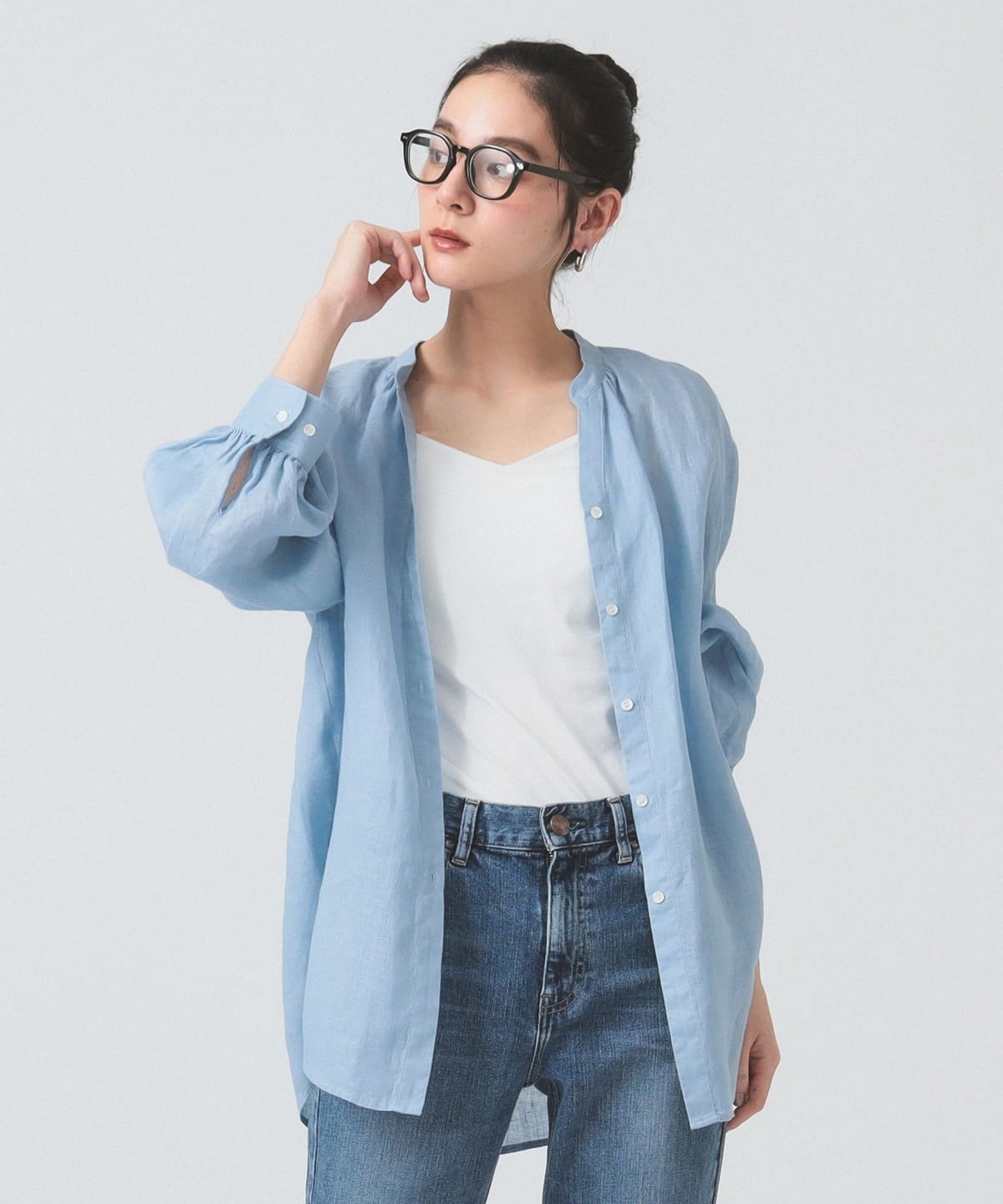 リネン キーネック シャツ シャツ・ブラウス WOMEN BLUE ONE SIZE リネン キーネック シャツ シャツ・ブラウス WOMEN BLUE ONE SIZE