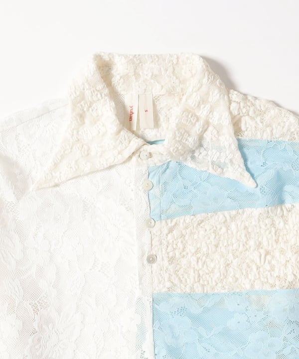 YUHAN WANG / patchwork stripe lace polo top
