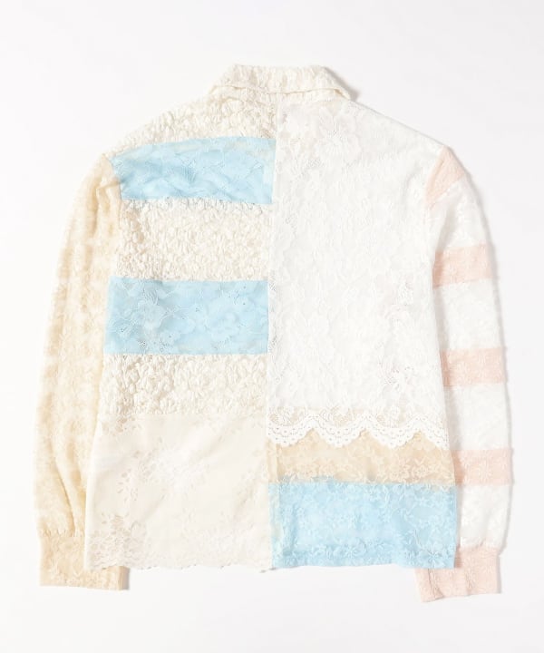 YUHAN WANG / patchwork stripe lace polo top