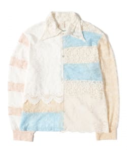 YUHAN WANG / patchwork stripe lace polo top