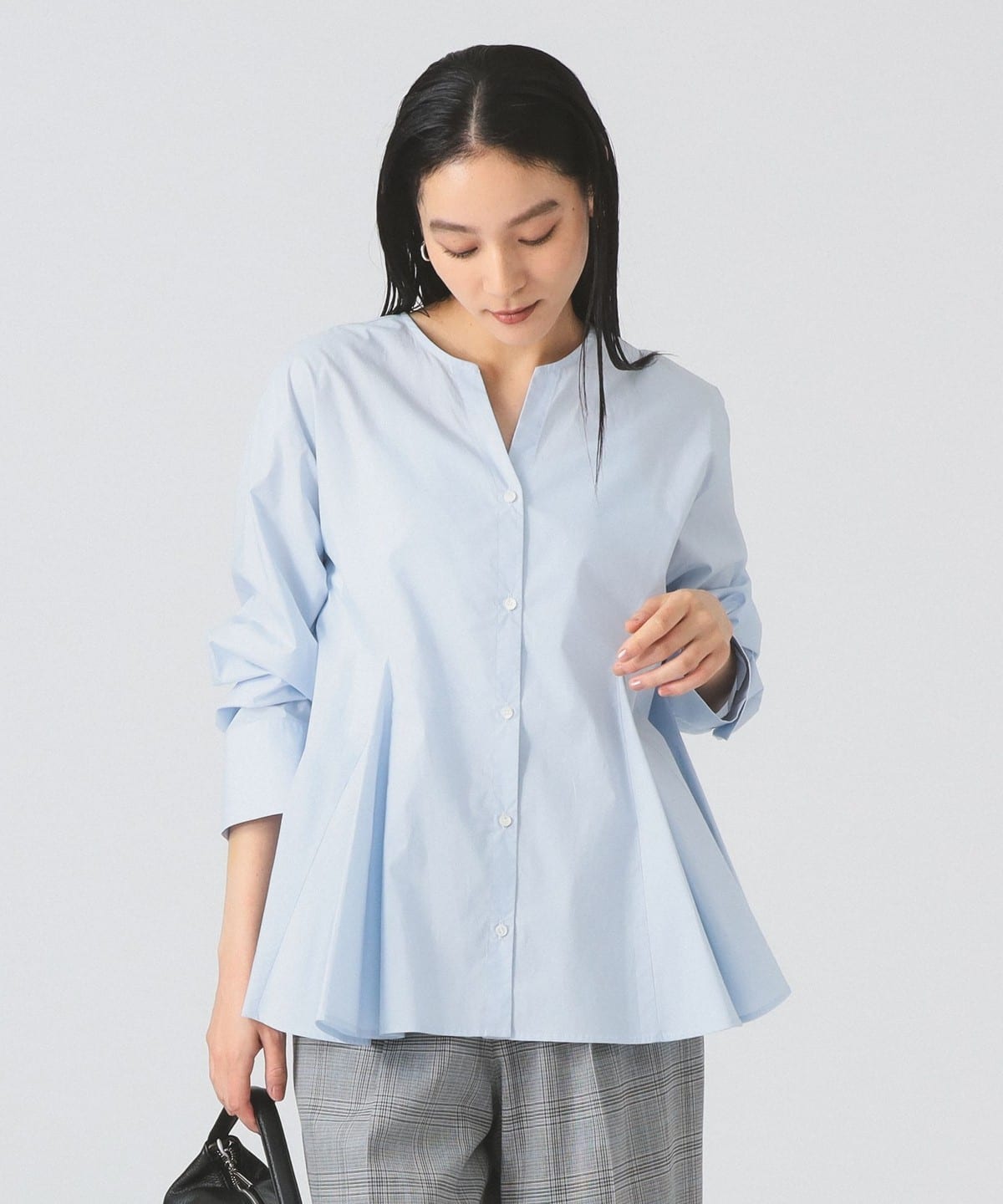 キーネック フレア ブラウス シャツ・ブラウス WOMEN BLUE ONE SIZE キーネック フレア ブラウス シャツ・ブラウス WOMEN BLUE ONE SIZE