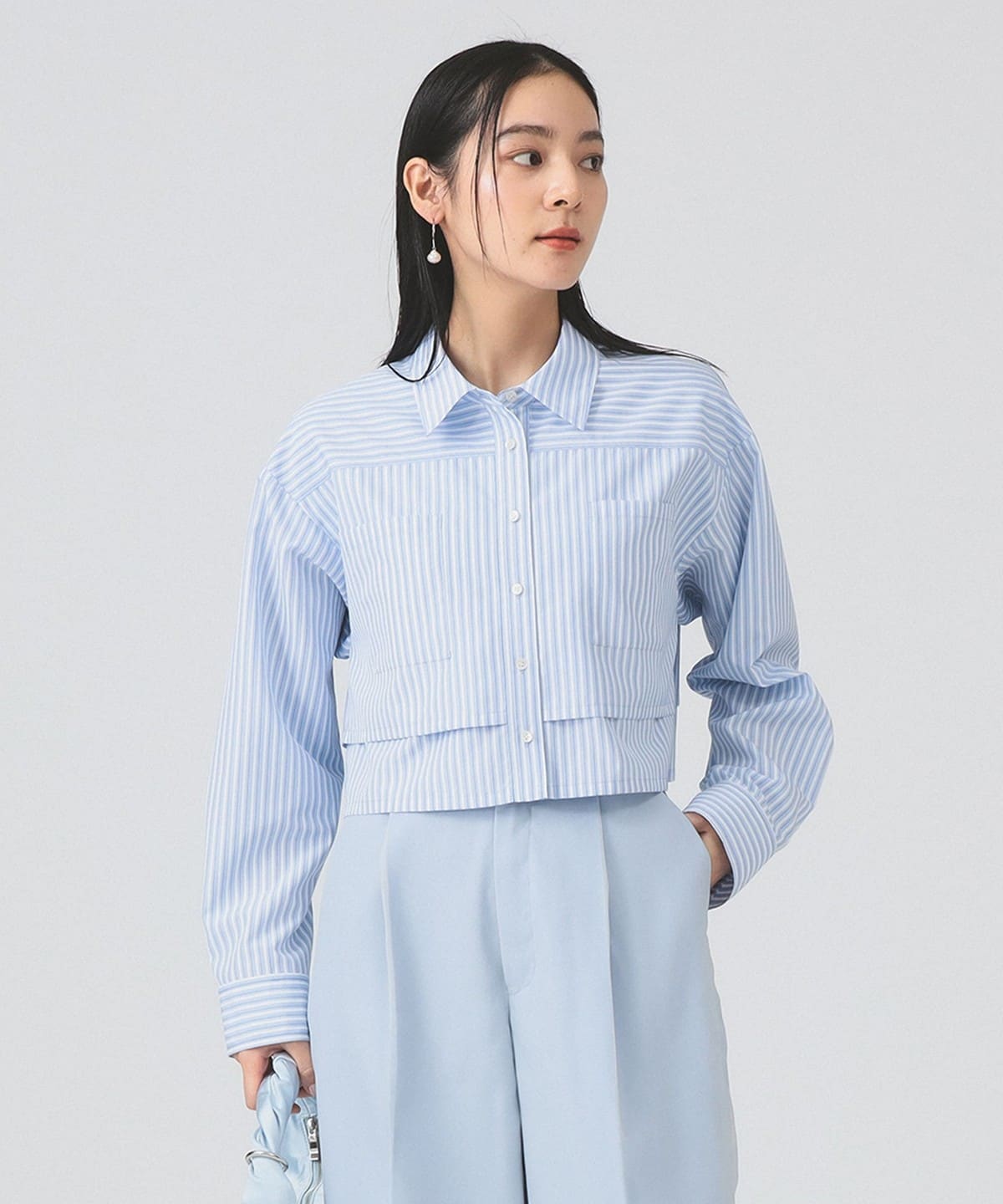 Ray BEAMS　レイビームス アウトポケットクロップドシャツ　ストライプ Ray BEAMS（レイ ビームス）ストライプ クロップド シャツ（シャツ