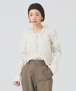 ストライプ シャーリング Vネック ブラウス