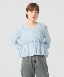 【+10%ポイントUP】シャーリング ペプラム  ブラウス