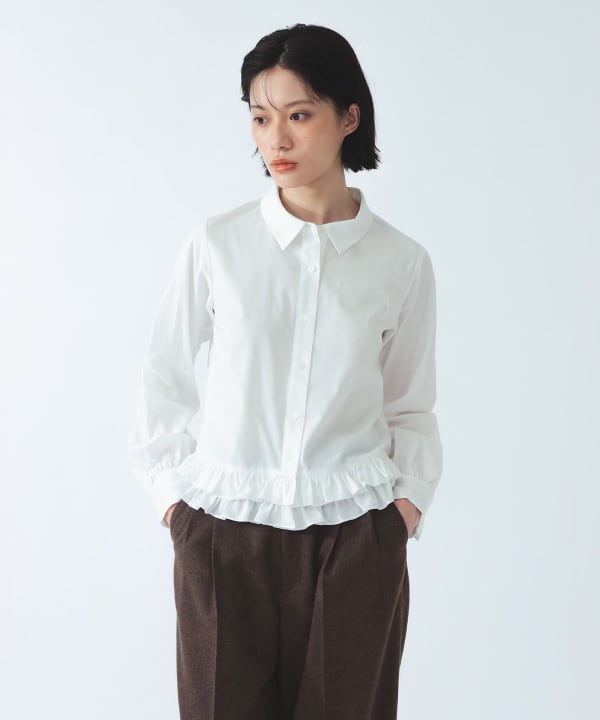 【+10%ポイントUP】フリルヘム レギュラーカラー シャツ Model：H177 B77 W59 H87　Size：（画像の商品はサンプル用サイズのため実際のサイズ感と異なります）