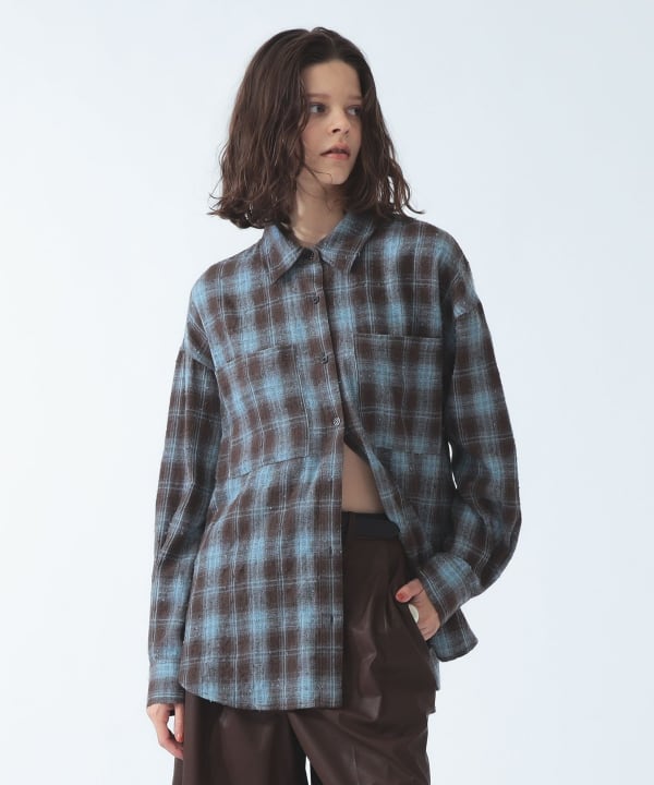 【+10%ポイントUP】ネル チェック スリット ビッグ シャツ Model：H170 B82 W58 H85　Size：ONE SIZE