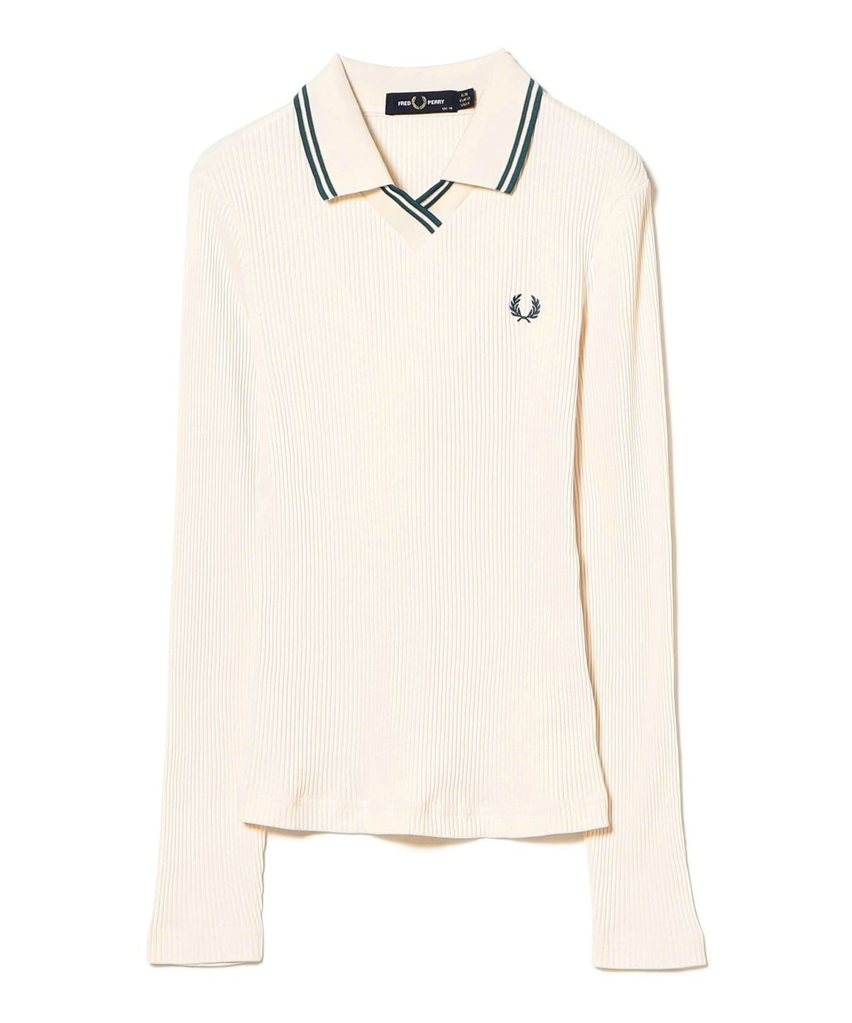 レイビームス × フレッドペリー リブロングスリーブ ポロシャツ　白　長袖 Ray BEAMS（レイ ビームス）【別注】FRED PERRY / Twin Tipped Ribbed