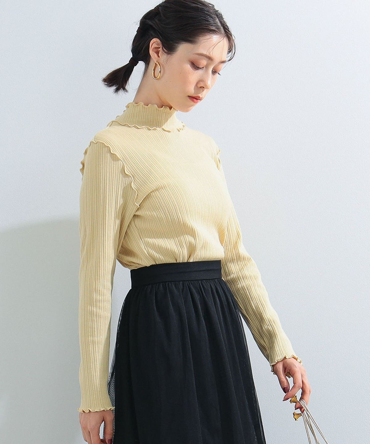 ランダム リブ メロー ハイネック カットソー Tシャツ・カットソー WOMEN YELLOW FREE ランダム リブ メロー ハイネック カットソー Tシャツ・カットソー WOMEN YELLOW FREE
