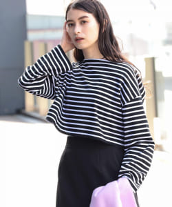 Ray BEAMS / ボーダー クロップド ボートネック Tシャツ