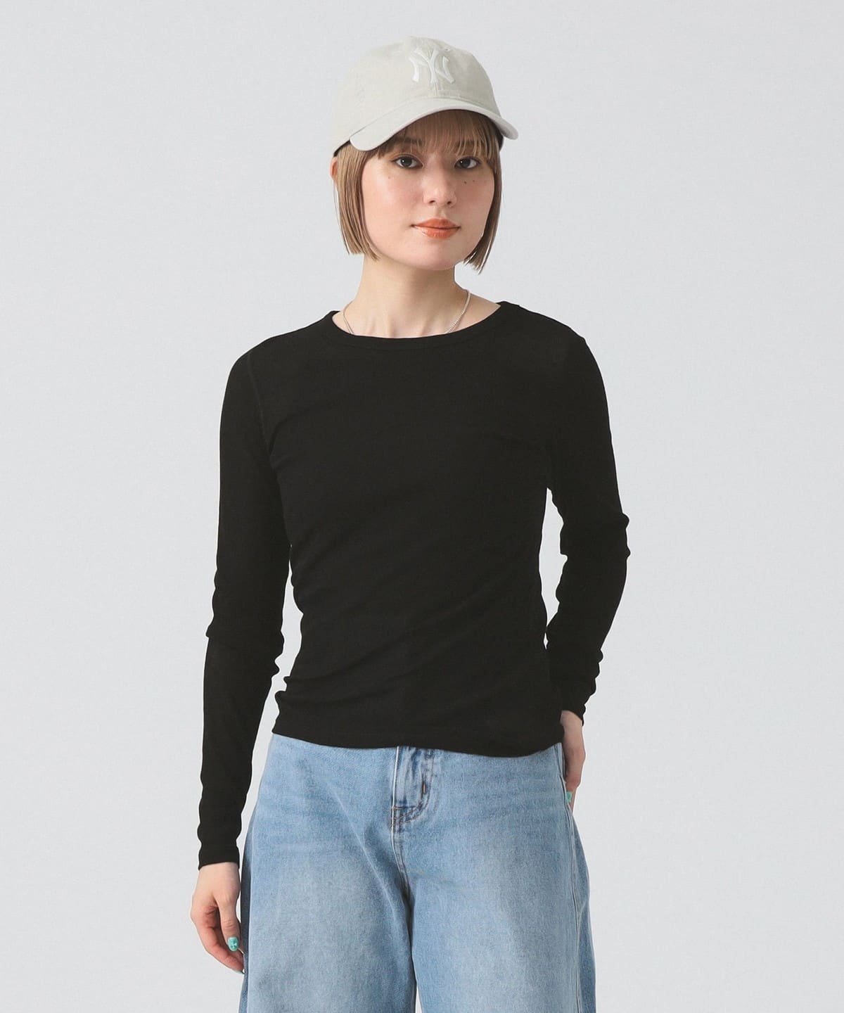 テレコ リブ クルーネック トップス Tシャツ・カットソー WOMEN BLACK ONE SIZE テレコ リブ クルーネック トップス Tシャツ・カットソー WOMEN BLACK ONE SIZE