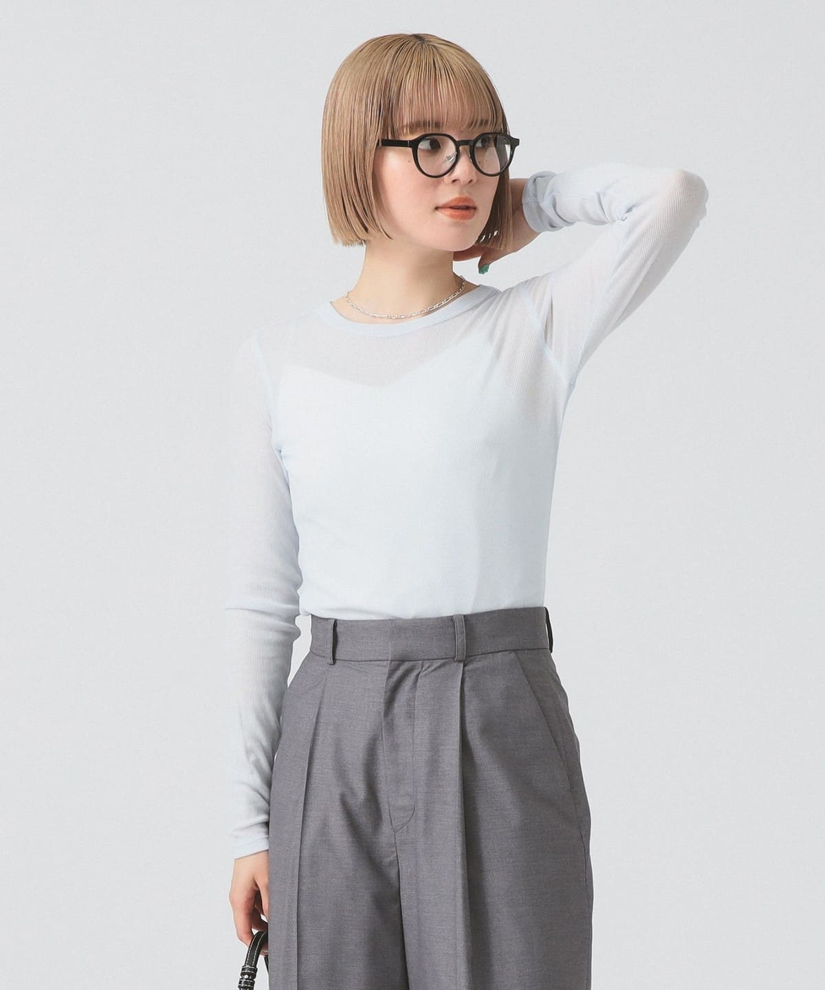 テレコ リブ クルーネック トップス Tシャツ・カットソー WOMEN BLUE ONE SIZE テレコ リブ クルーネック トップス Tシャツ・カットソー WOMEN BLUE ONE SIZE
