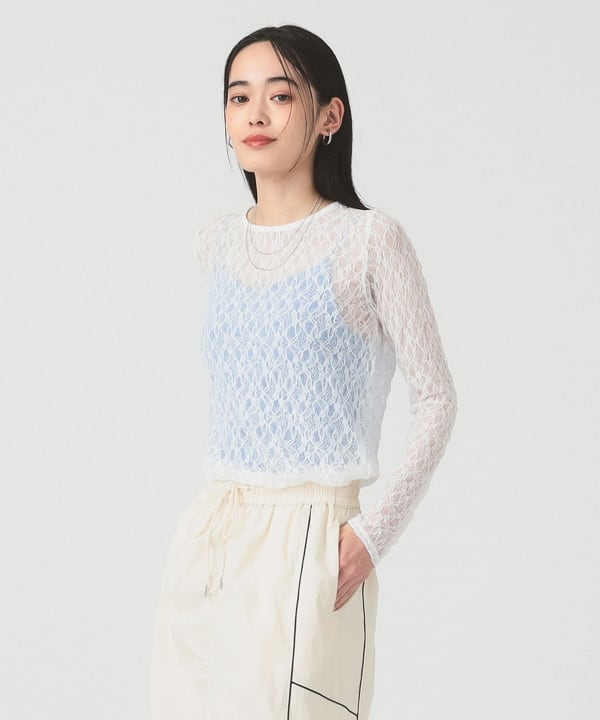 Ray BEAMS（レイ ビームス）ストレッチ レース クルーネック T