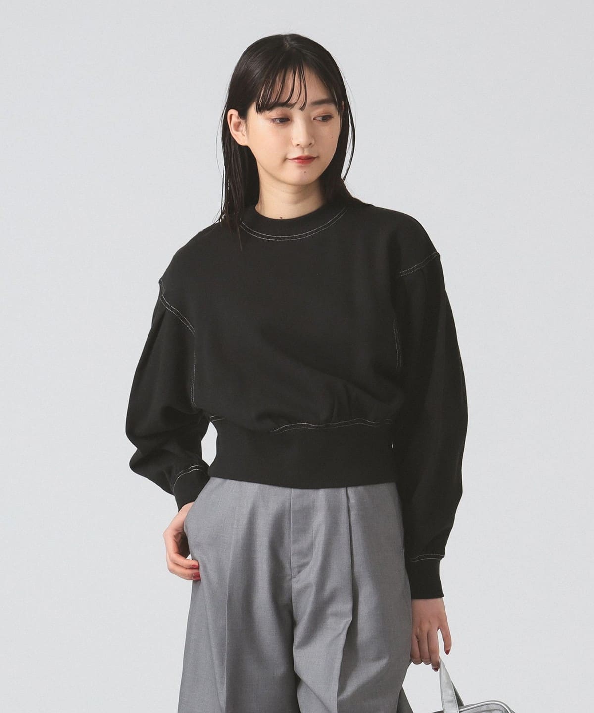 スウェット タックスリーブ クルーネック トップス WOMEN BLACK ONE SIZE スウェット タックスリーブ クルーネック トップス WOMEN BLACK ONE SIZE