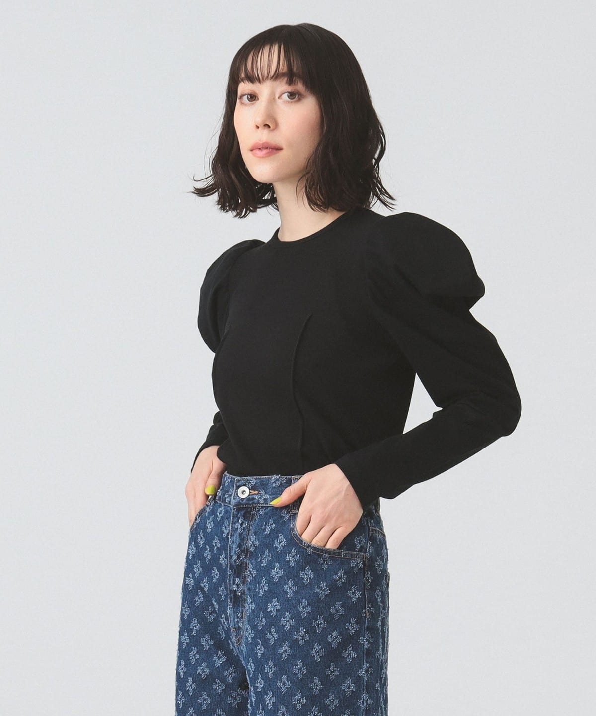 キリカエ ギャザー スリーブ Tシャツ Tシャツ・カットソー WOMEN BLACK ONE SIZE キリカエ ギャザー スリーブ Tシャツ Tシャツ・カットソー WOMEN BLACK ONE SIZE