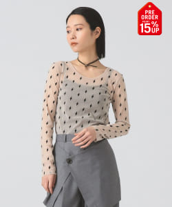 【+15%ポイントUP】フロッキー プリント シアー ラウンドネック トップス
