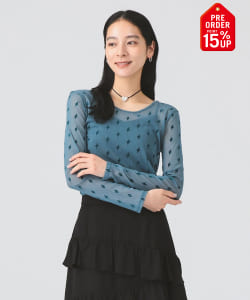 【+15%ポイントUP】フロッキー プリント シアー ラウンドネック トップス