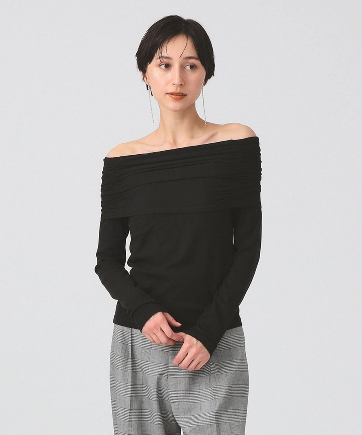 リブ ギャザー オフショルダー Tシャツ Tシャツ・カットソー WOMEN BLACK ONE SIZE リブ ギャザー オフショルダー Tシャツ Tシャツ・カットソー WOMEN BLACK ONE SIZE