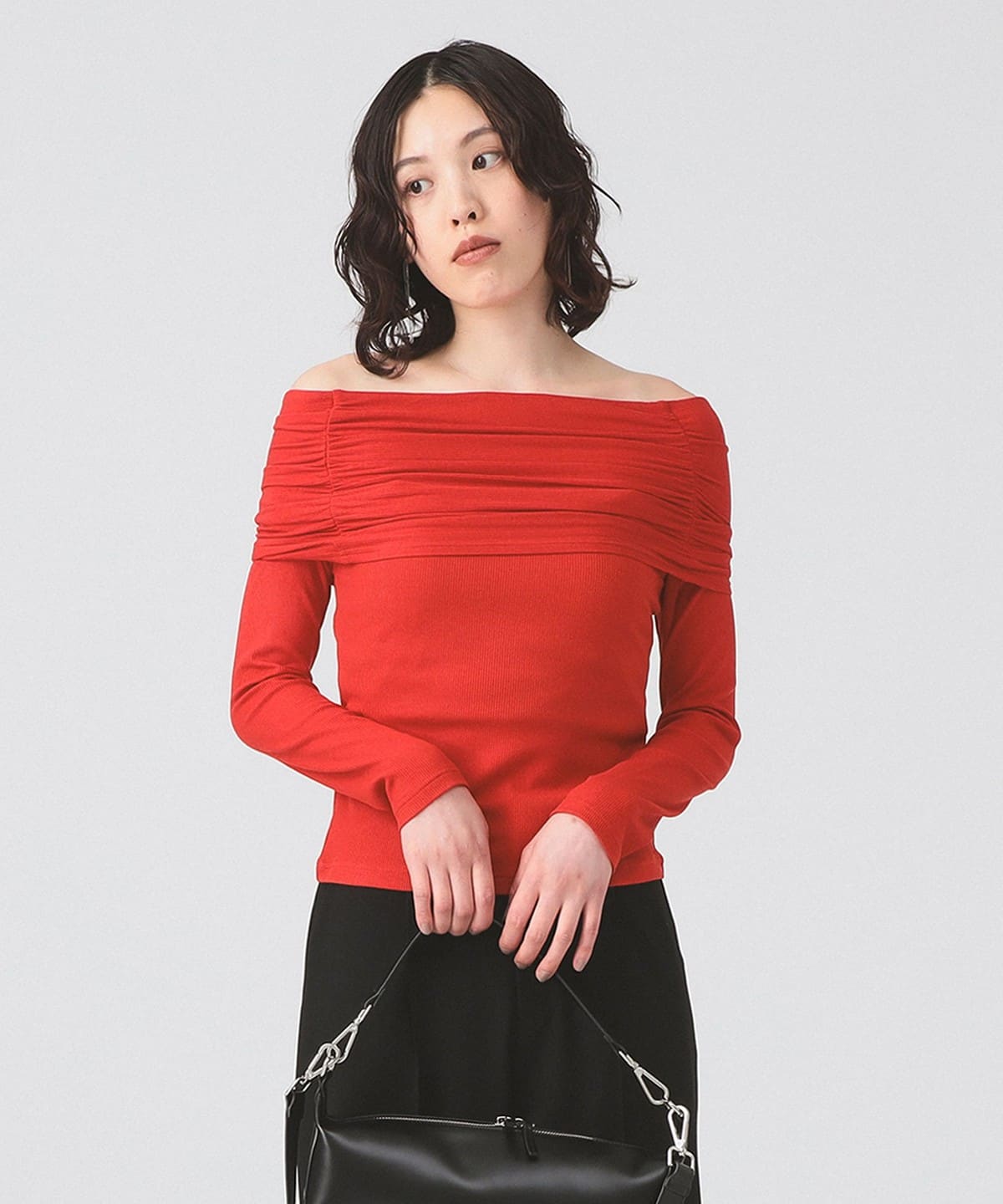 リブ ギャザー オフショルダー Tシャツ Tシャツ・カットソー WOMEN RED ONE SIZE リブ ギャザー オフショルダー Tシャツ Tシャツ・カットソー WOMEN RED ONE SIZE
