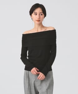 リブ ギャザー オフショルダー Tシャツ