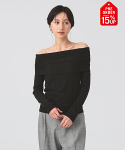 【+15%ポイントUP】リブ ギャザー オフショルダー Tシャツ