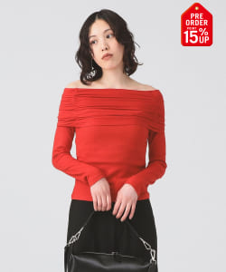 【+15%ポイントUP】リブ ギャザー オフショルダー Tシャツ