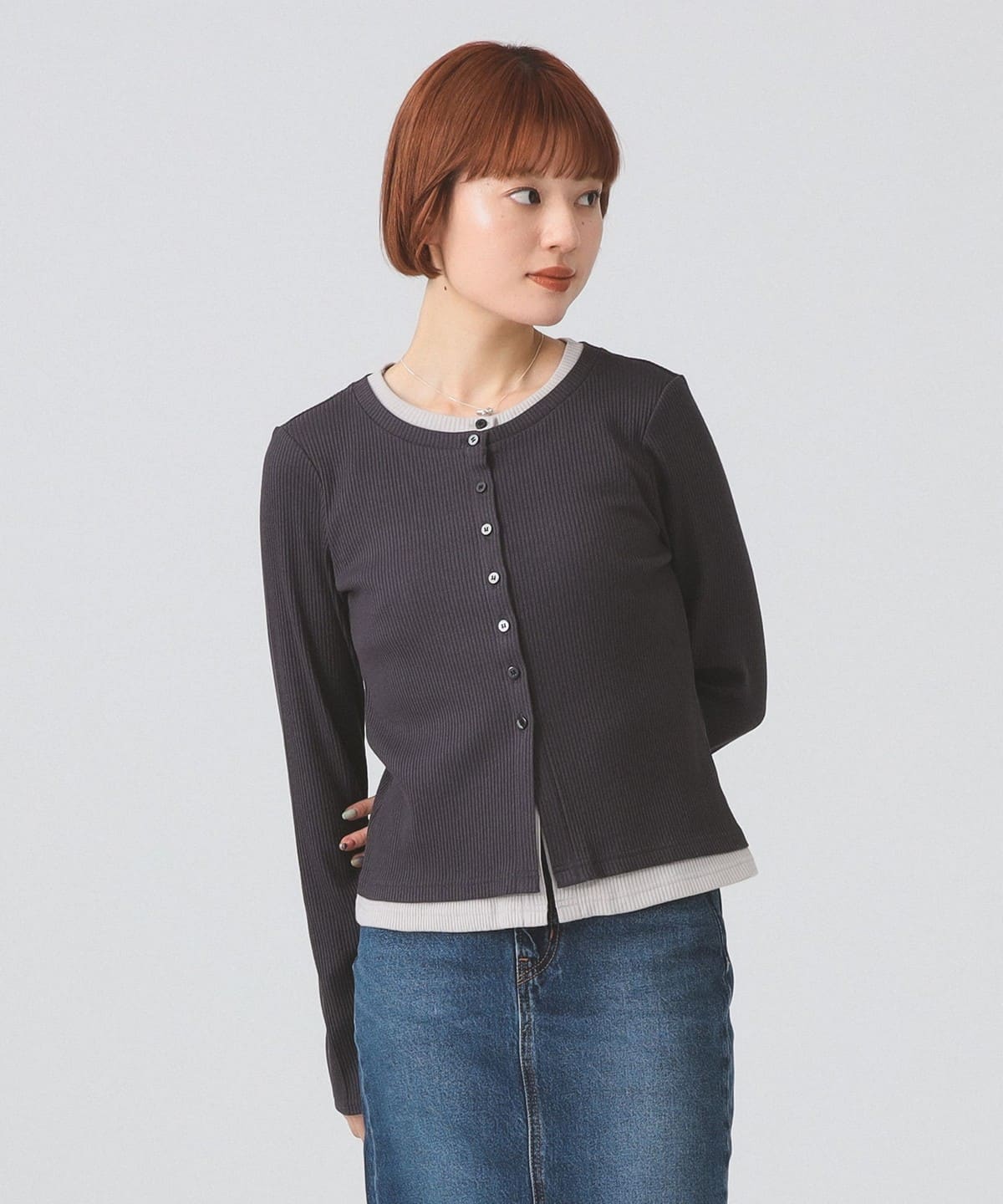 RIB レイヤード カーディガン トップス WOMEN GREY ONE SIZE RIB レイヤード カーディガン トップス WOMEN GREY ONE SIZE