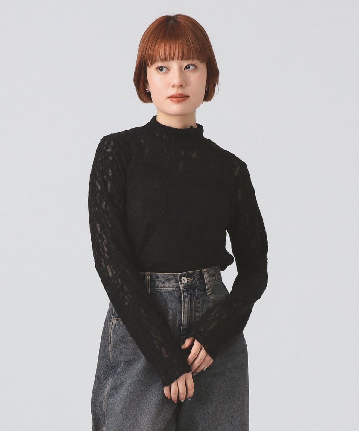 レース ジャガード ハイネック Tシャツ・カットソー WOMEN BLACK ONE SIZE レース ジャガード ハイネック Tシャツ・カットソー WOMEN BLACK ONE SIZE