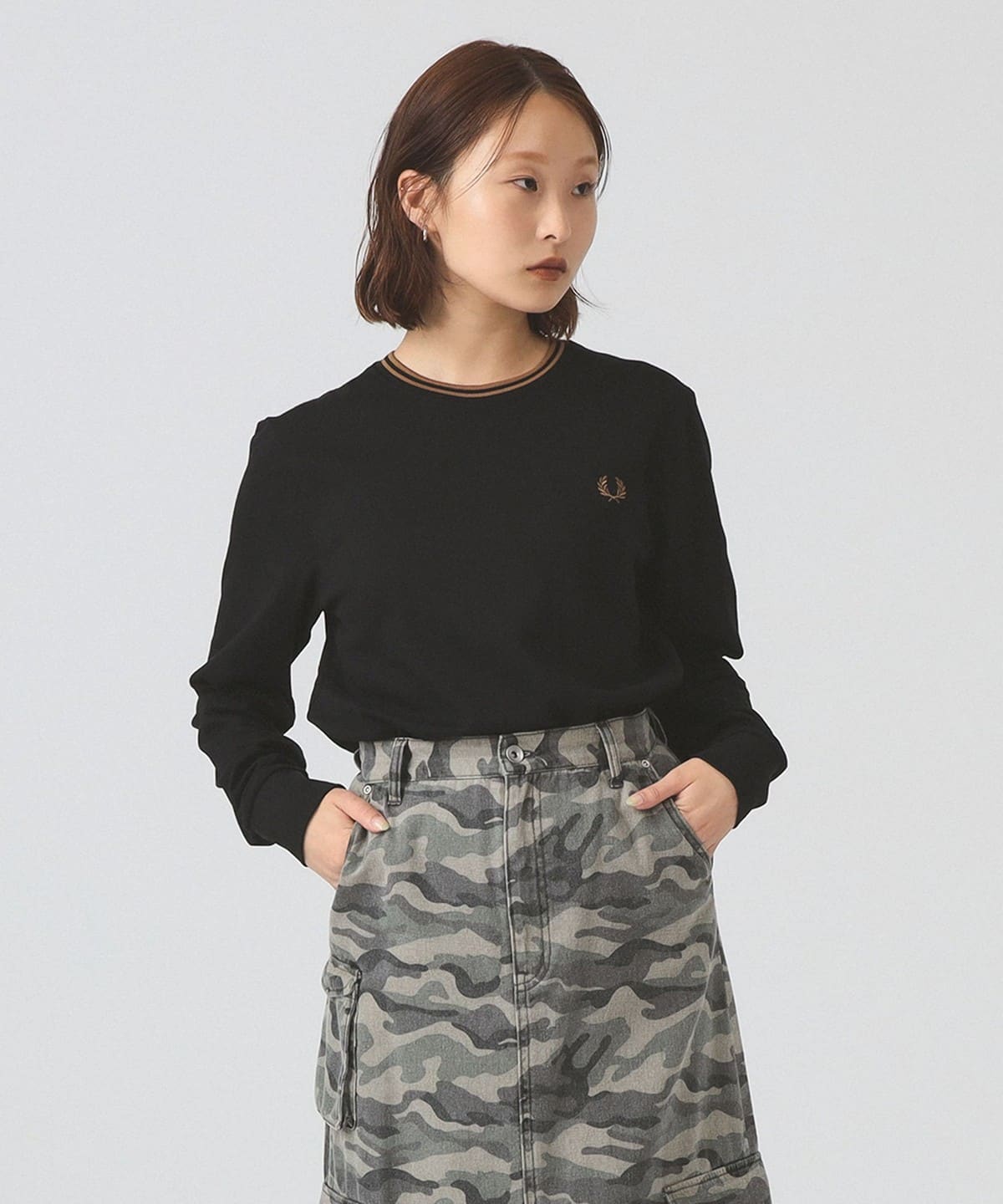 FRED PERRY フレッド ペリー / Twin Tipped Long Sleeve T-Shirt Tシャツ・カットソー WOMEN BLACK S FRED PERRY フレッド ペリー / Twin Tipped Long Sleeve T-Shirt Tシャツ・カットソー WOMEN BLACK S