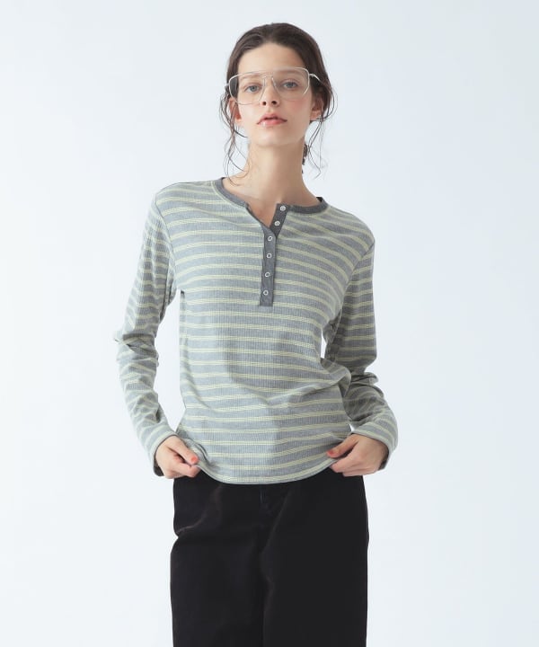 【+10%ポイントUP】RIB ボーダー ヘンリーネック Tシャツ Model：H170 B82 W58 H85　Size：ONE SIZE