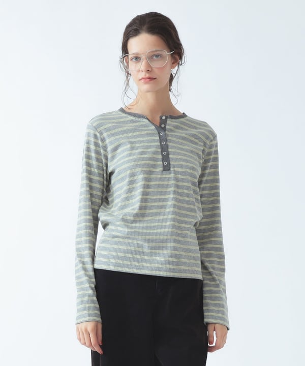 【+10%ポイントUP】RIB ボーダー ヘンリーネック Tシャツ