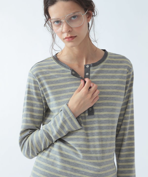 【+10%ポイントUP】RIB ボーダー ヘンリーネック Tシャツ