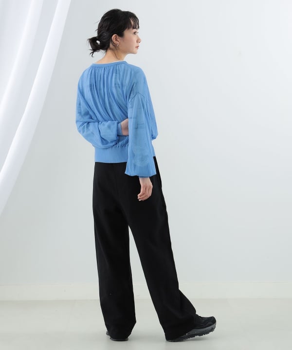 シアー ギャザー クルーネック カーディガン