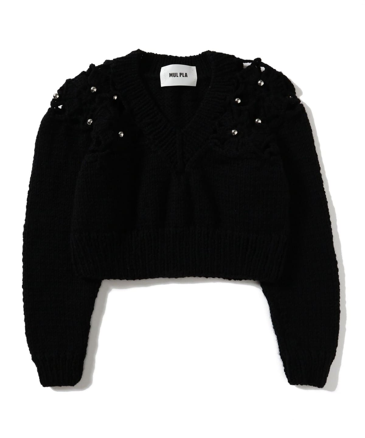 MUL PLA / Cropped V-neck Pullover Knit トップス WOMEN BLACK ONE SIZE MUL PLA / Cropped V-neck Pullover Knit トップス WOMEN BLACK ONE SIZE