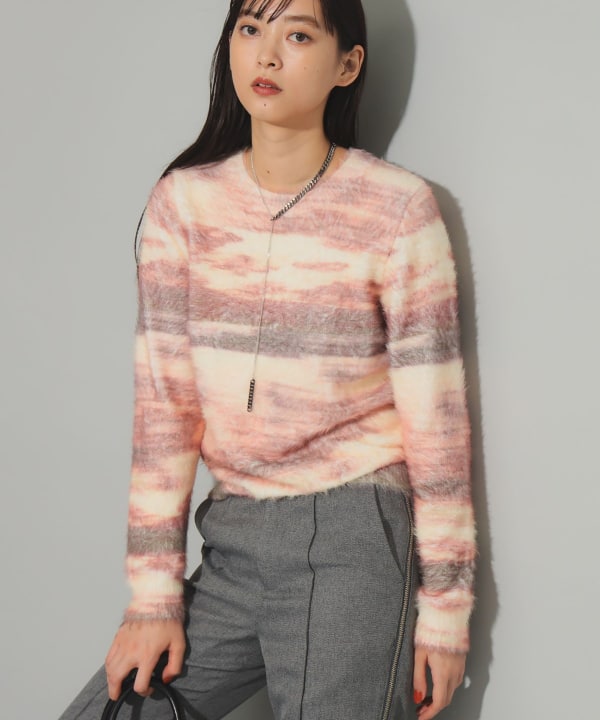 新品 希少品 REMI RELIEF×BEAMS 別注シャギーニット Ray BEAMS（レイ ビームス）シャギー プリント クルーネック