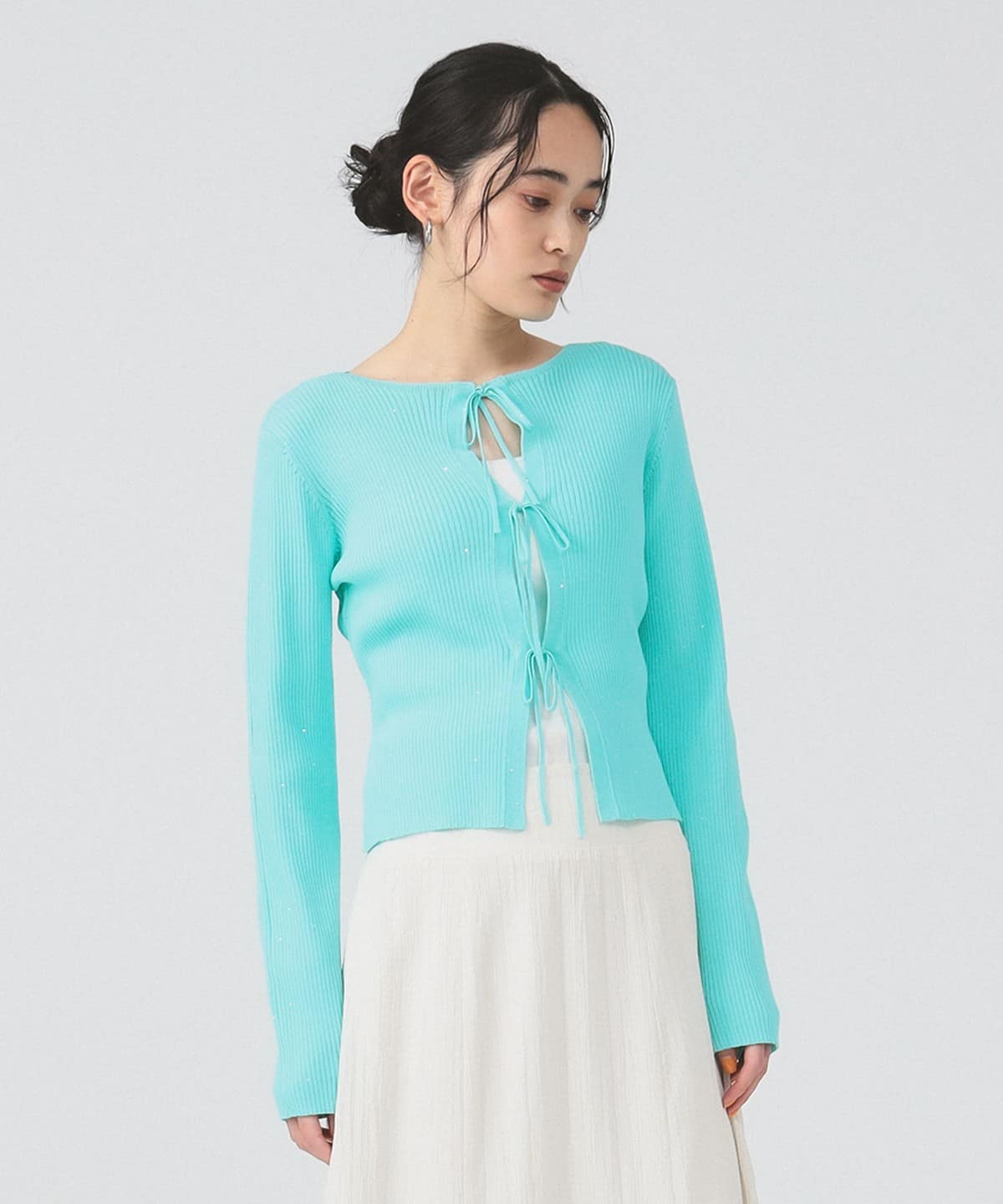 スパンコール リブ リボン カーディガン トップス WOMEN BLUE ONE SIZE スパンコール リブ リボン カーディガン トップス WOMEN BLUE ONE SIZE