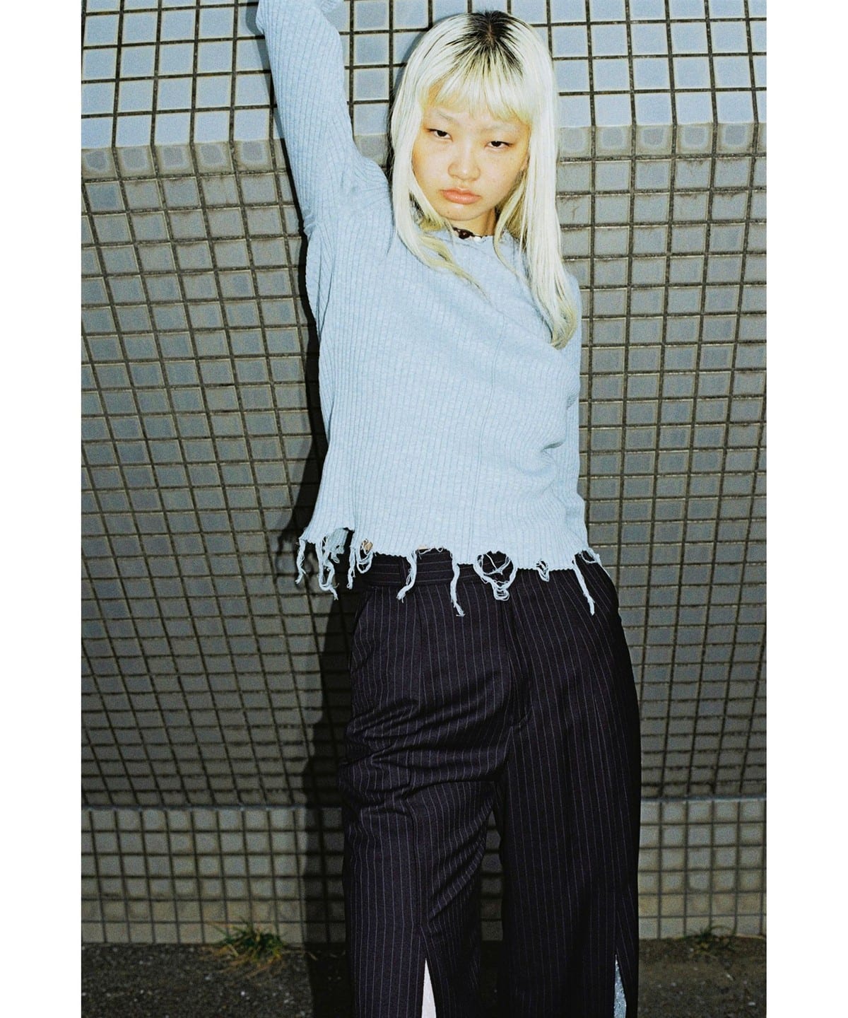 リブ ダメージ クルーネック トップス トップス WOMEN BLUE ONE SIZE リブ ダメージ クルーネック トップス トップス WOMEN BLUE ONE SIZE