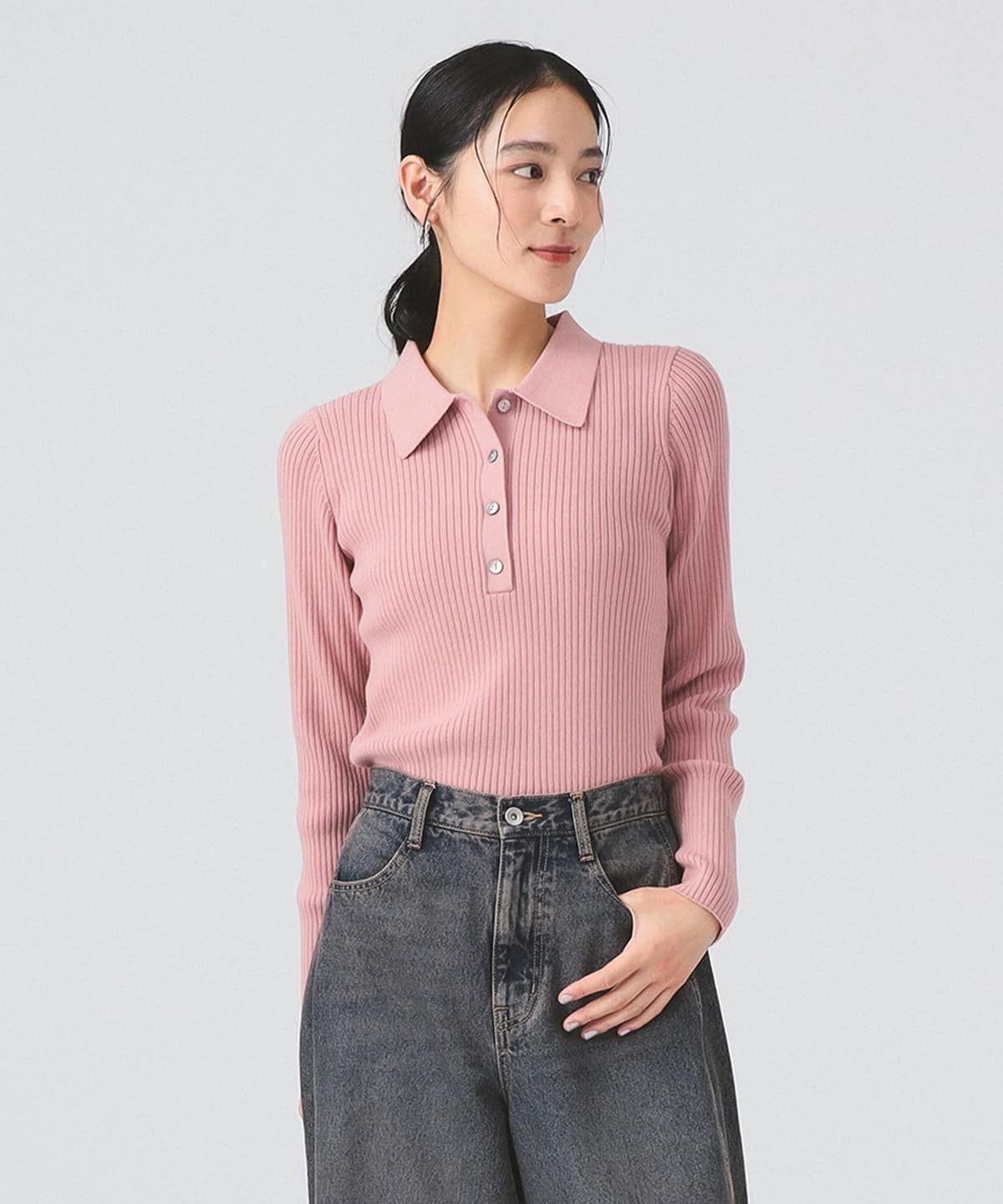 リブ ニット ポロシャツ トップス WOMEN PINK ONE SIZE リブ ニット ポロシャツ トップス WOMEN PINK ONE SIZE