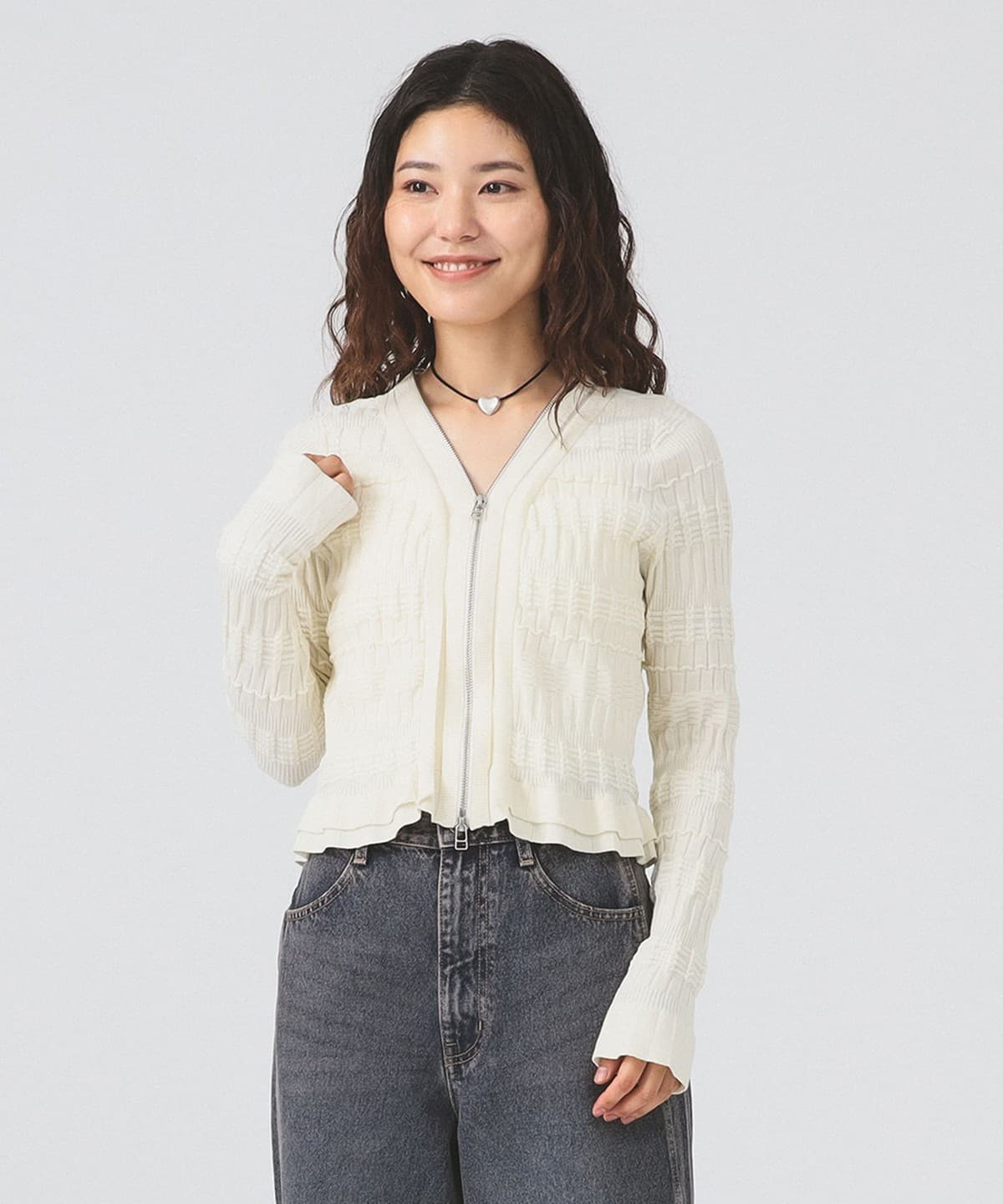 シャーリング ジップ Vネック カーディガン トップス WOMEN OFF WHITE ONE SIZE シャーリング ジップ Vネック カーディガン トップス WOMEN OFF WHITE ONE SIZE