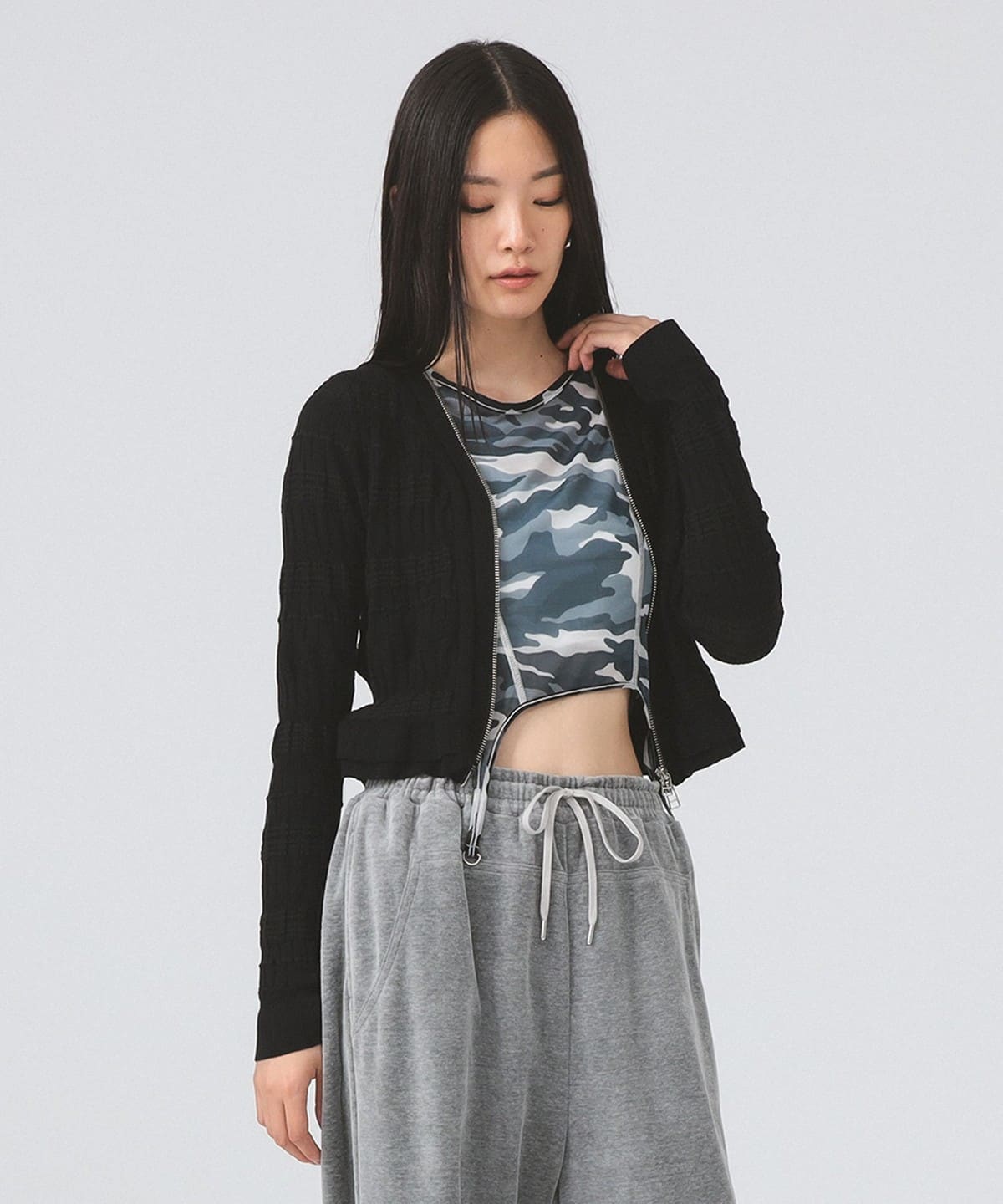 シャーリング ジップ Vネック カーディガン トップス WOMEN BLACK ONE SIZE シャーリング ジップ Vネック カーディガン トップス WOMEN BLACK ONE SIZE