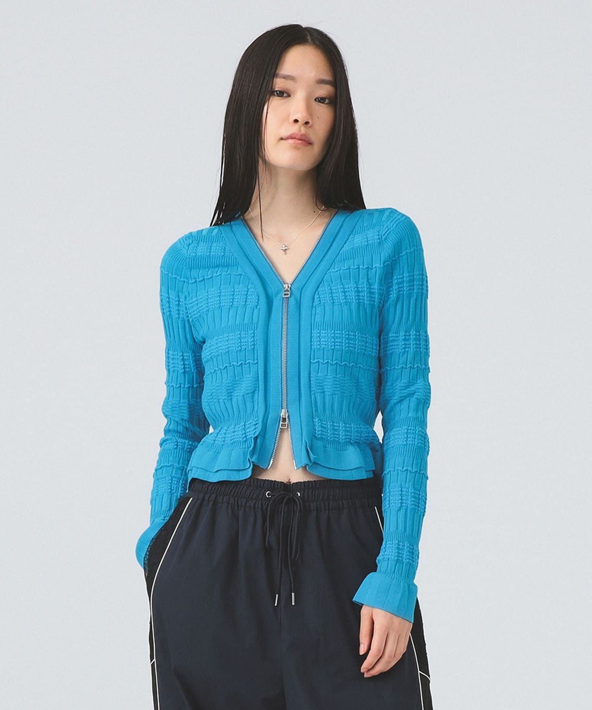 シャーリング ジップ Vネック カーディガン トップス WOMEN BLUE ONE SIZE シャーリング ジップ Vネック カーディガン トップス WOMEN BLUE ONE SIZE