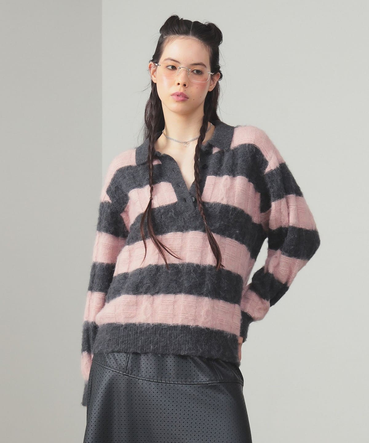 ワイド ボーダー ポロ ニット トップス WOMEN PINK ONE SIZE ワイド ボーダー ポロ ニット トップス WOMEN PINK ONE SIZE